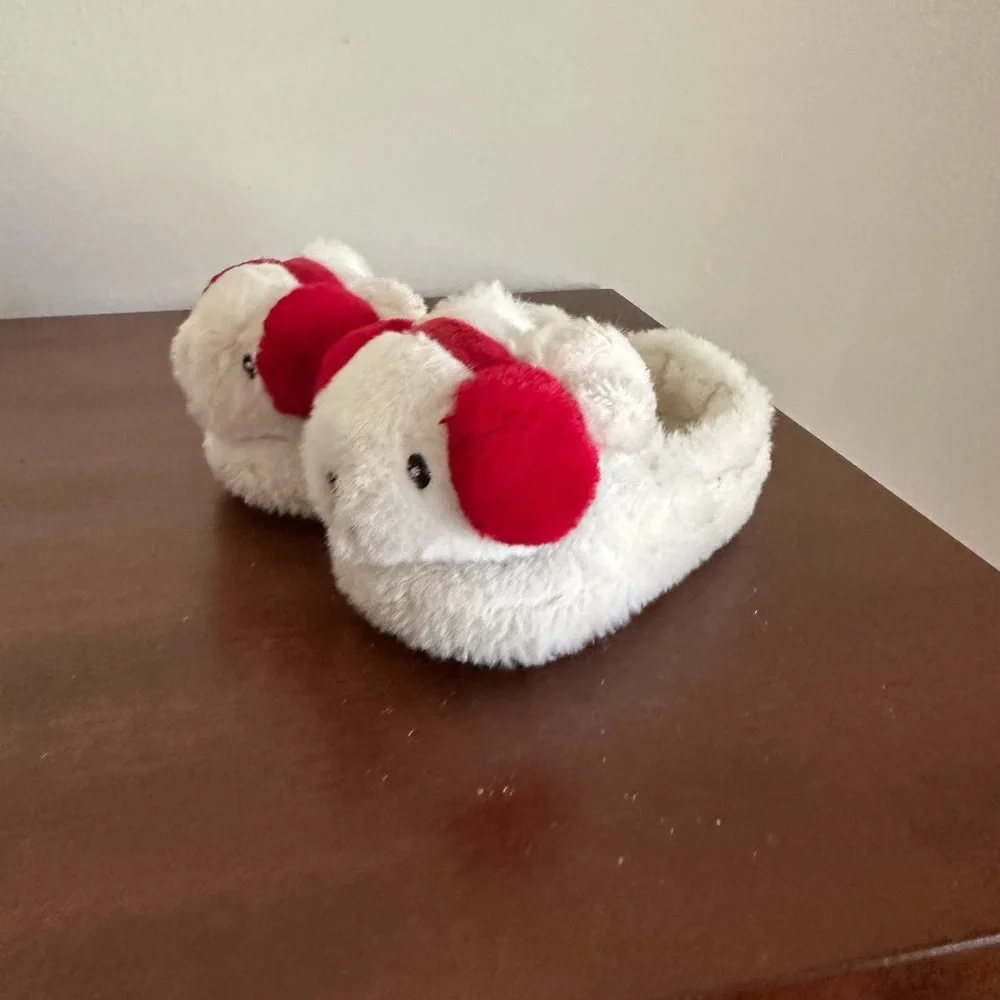 Target Kids Plush Bear Slippers in White and Red with Green Accent